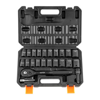 Impact Socket Set with 1/2" Drive, Comprising 23 Pieces in SAE (7/16" -1") & Metric Measurements, 6 E415-CJT12SAECRV231T38V0