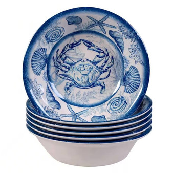 6-Piece Dinner Bowl Set with Blue White Ocean Sea Shells Crab Starfish Pattern Q280-OSPSMBS325947153