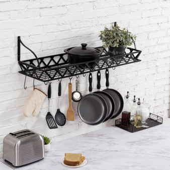 Black Metal Rectangular Wall Mounted Kitchen Pot Rack with 12 Hanging Hooks Q280-MRWMPR539915742