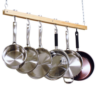 Ceiling Mount Single Bar Wooden Pot Rack with 4 Pan Hooks Q280-CMW40153