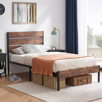 Twin Industrial Platform Bed Frame with Brown Wood Slatted Headboard Footboard Q280-TWBE1299
