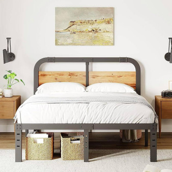 King Heavy Duty Black Metal Bed Frame with Solid Wood Panel Headboard Q280-KNGAHD13058962