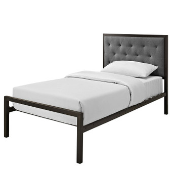 Twin Metal Platform Bed with Gray Fabric Button Tufted Upholstered Headboard Q280-TPBGU9615412
