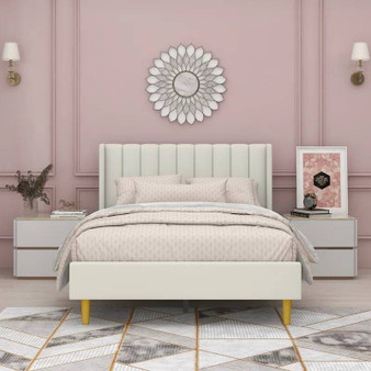 Full size Mid-Century Platform Bed Frame with Cream Velvet Upholstered Headboard Q280-CVFDELPBW1829581