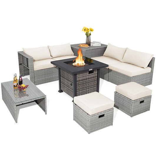 9 Pieces Outdoor Patio Furniture Set with 32-Inch Propane Fire Pit Table-Off White - Color: Off Whi D681-NP10618GR+HW68604WH+