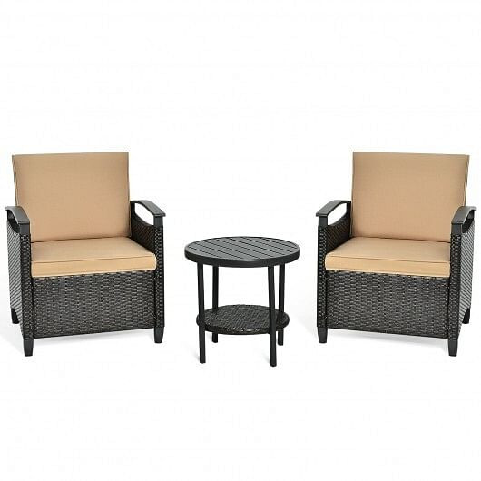 3 Pieces Patio Rattan Furniture Set Cushioned Sofa Storage Table with Shelf Garden B593-HW64401