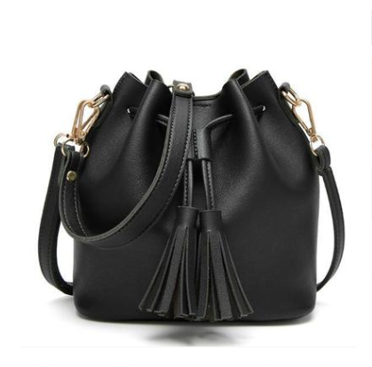 Color: Black - Vintage Fashion Small Women Leather Bucket Bag Handbag Tassel Drawstring Shoulder Bag Q119-CJBHNSNS03051-Black