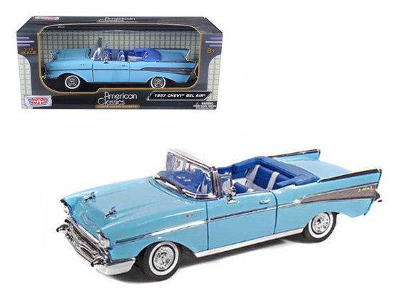 1957 Chevrolet Bel Air Convertible Light Blue with Blue Interior 1/18 Diecast Model Car by Motormax F977-73175bl