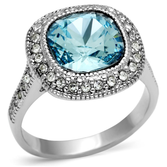 LO2506 - Rhodium Brass Ring with Top Grade Crystal  in Sea Blue A874-LO2506