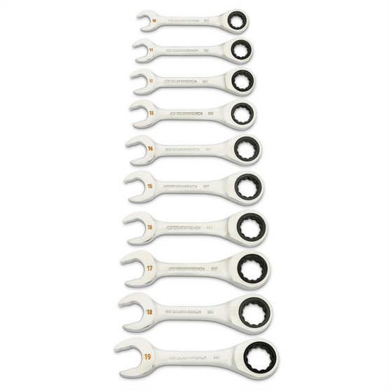 GearWrench 10 Piece 90-Tooth 12 Point Metric Stubby Ratcheting Combination Wrench Set T398-KDT86850