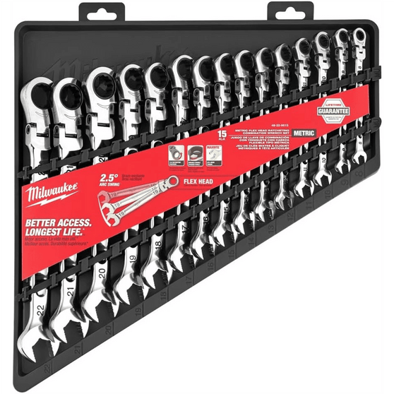 Milwaukee Tool 15pc Flex Head Ratcheting Combination Wrench - 144 ratcheting positions Metric