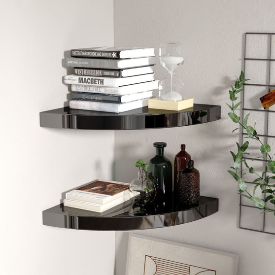  Corner Shelf Set of 2 High Gloss Black Honeycomb MDF, Metal A949-323911