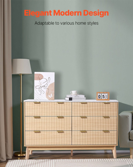 6 Fluted Drawer Dresser, Wooden Chest of Drawers with Sliding & Anti-tip Device, Modern Minimalist  E415-XDBLKCTJ2L6CZZOC3001V0