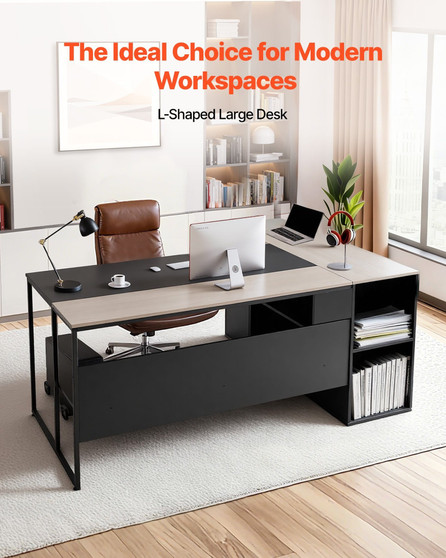 L-Shaped Executive Desk, Large Modern Office Table with Drawers & Storage Cabinet, Heavy Duty Woode E415-XZBGZYTSLXXZ1A404001V0