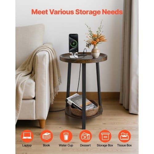 End Table, 2-Tier Round Side Table with Open Storage Shelves, Modern Nightstand Bedside Desk with U E415-TYBZYXTMKFS2TNMPG001V1