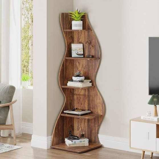 Modern Wave Shape 5 Shelf Corner Bookcase in Brown Wood Finish Q280-BRNFTGT7676