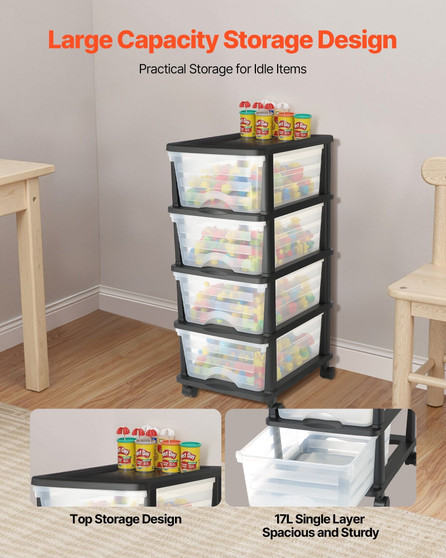 Plastic Storage Drawers Cart, 4 Drawers Storage Organizer with Wheels, Rolling Closet Organization  E415-CWCT1SLJL4G13PBKB001V0