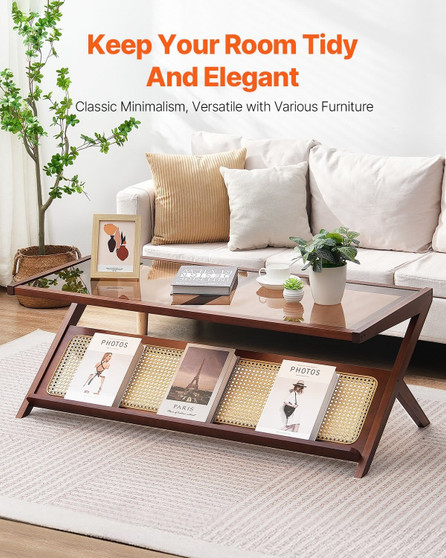  Rattan Coffee Table, Z-Shaped Rattan Woven Bamboo Coffee Table with Tempered Glass Top, 47 Modern  E415-ZFXKFZHTSBLPTWW25V0