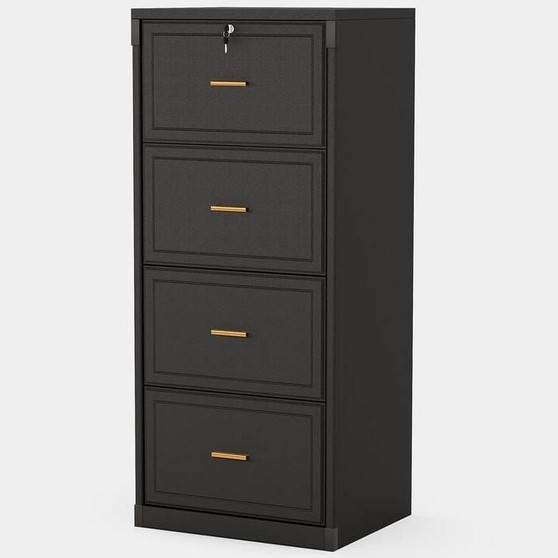 Vertical File Cabinet in Black Wood Finish with 4 Lockable Storage Drawers Q280-BLKTRS22598