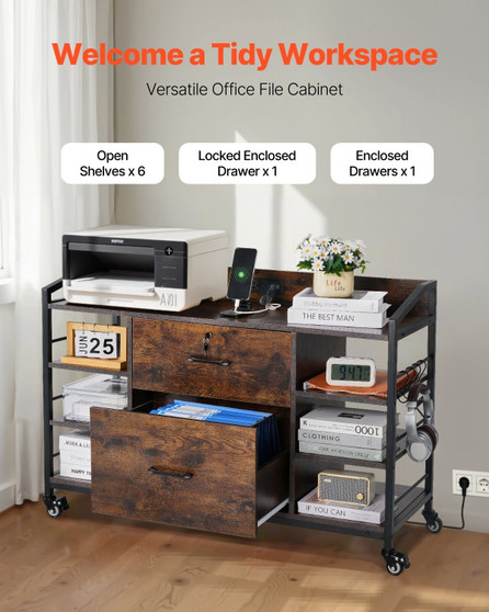 2 Drawers Metal File Cabinet, Lateral Filing Cabinet with Lock and 6 Open Shelves, Wooden Wide Fili E415-JSHXWJJZSMZD2HE2P001V1