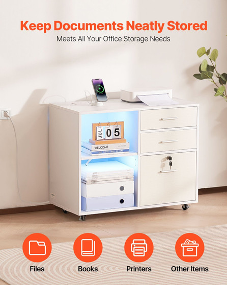 3 Drawer Wooden File Cabinet, Mobile Filing Cabinet with Light Strip, Lockable Rolling File Storage E415-MZHXWJJDDBHB1NWJK001V1