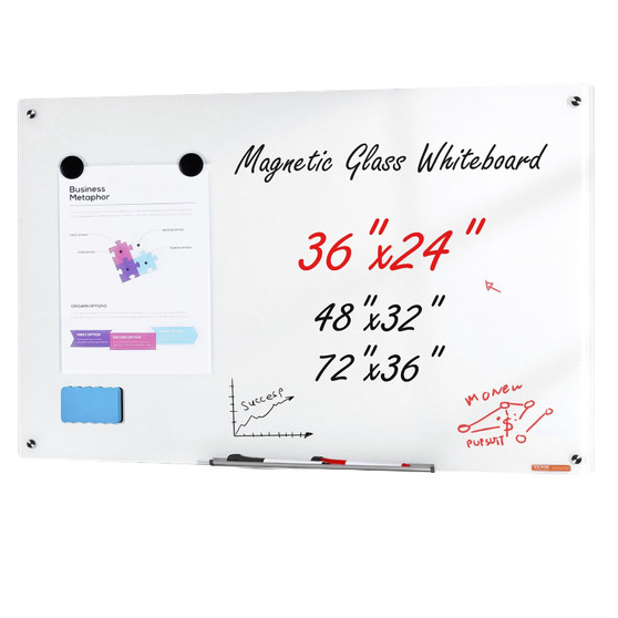 Magnetic Glass Whiteboard, Dry Erase Board 36"x24", Wall-Mounted Large White Glassboard Frameless,  E415-CXGCBLBGHBL3CGGHBV0