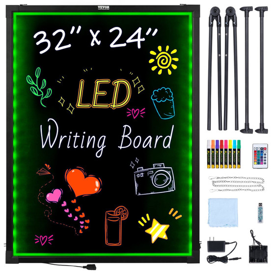 LED Message Writing Board, 32"x24" Illuminated Erasable Lighted Chalkboard, Neon Effect Menu Sign B E415-LEDSXLYB32X2D2GAPV5