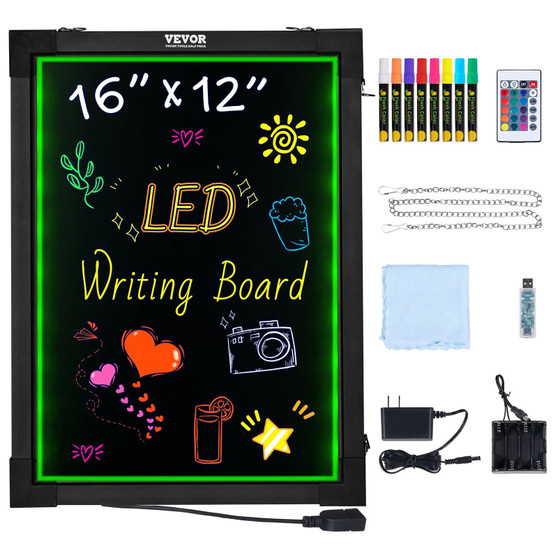 LED Message Writing Board, 16"x12" Illuminated Erasable Lighted Chalkboard, Neon Effect Menu Sign B E415-LEDSXLYB12X1WY9O1V5