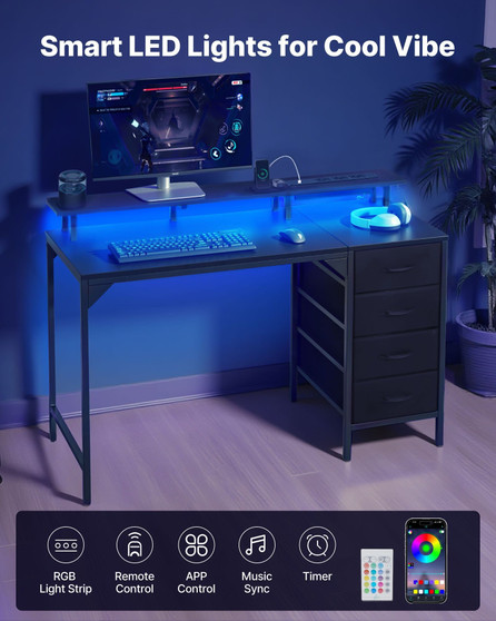 47" Computer Desk with LED Lights & Power Outlets, Gaming Table with 4 Large Drawers, Office Desk w E415-GDJXBGZDCTK4FT2B6001V1