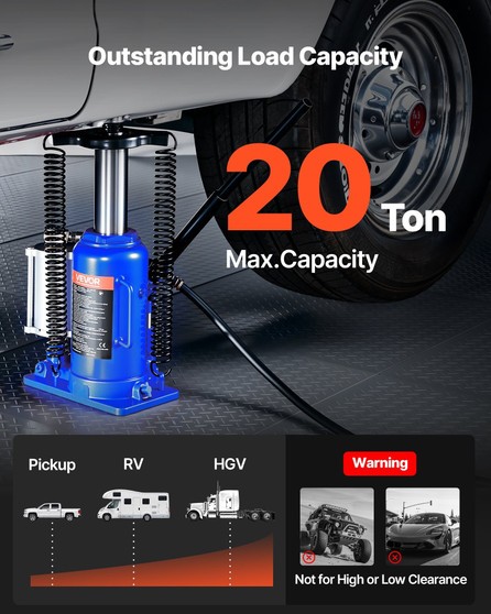 Air Hydraulic Bottle Jack, 20 Ton (44092 lbs) Capacity, 10.2-19.5 Inch Lifting Range, Pneumatic/Man E415-QDPSQJD20TZJRCTF8001V0