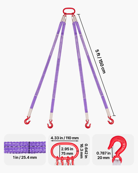 Lifting Sling Straps, Four Leg Polyester Bridle Sling with Hooks, 6600LB Capacity, 5Ft Heavy Duty R E415-DLKDGDLSZ5FTPATHG001V0