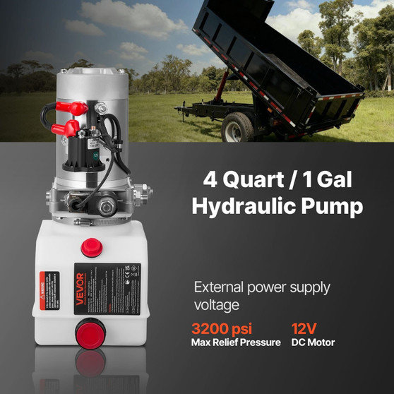 4 Quart Hydraulic Power Unit, Single Acting Dump Trailer Pump, 3200 PSI Max Relief Pressure & 0.91