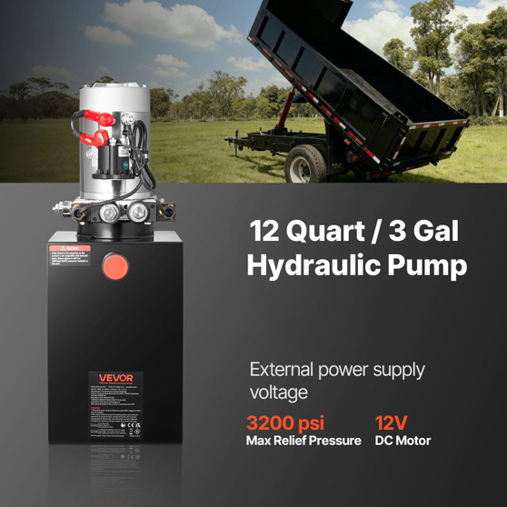 12 Quart Hydraulic Power Unit, Double Acting Dump Trailer Pump, 3200 PSI Max Relief Pressure & 0.91 E415-12VSZYFXJSYXGNVP0001V9