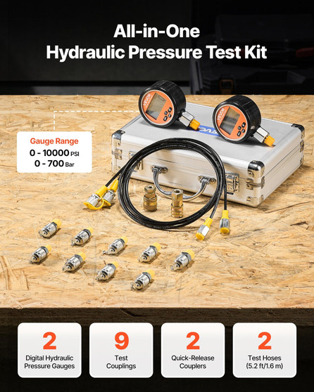 Digital Hydraulic Pressure Test Coupling Kit, 10000 PSI Pressure Gauge Manometer Tester with 2 Gaug E415-YYCSTJ2YLB9OXT9N0001V9