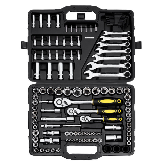 121-Piece Mechanics Tool Set, 1/4" 3/8" 1/2" Drive Sockets, SAE and Metric Mechanic Tool Kit with B E415-SDJXGJTZ1438OZV5AV0