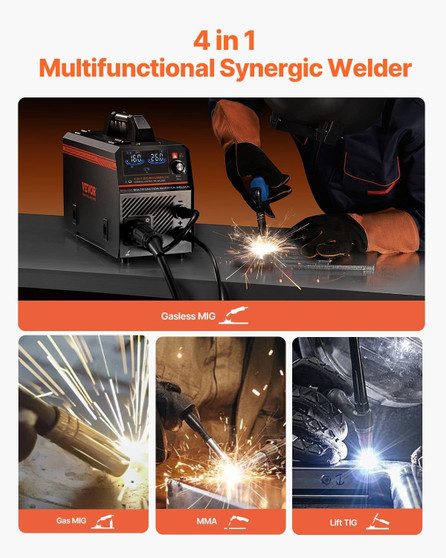 MIG Welder, 160A Synergic Mig Welding Machine, 4-in-1 Gas MIG/Flux Core MIG/Stick/Lift TIG Multi-Pr E415-MIGYXHJ4H1165KC80V5