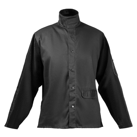 Flame Resistant Welding Jacket, Heavy Duty Split Cowhide Leather Sleeves + 9 oz. FR Pure Cotton Bod