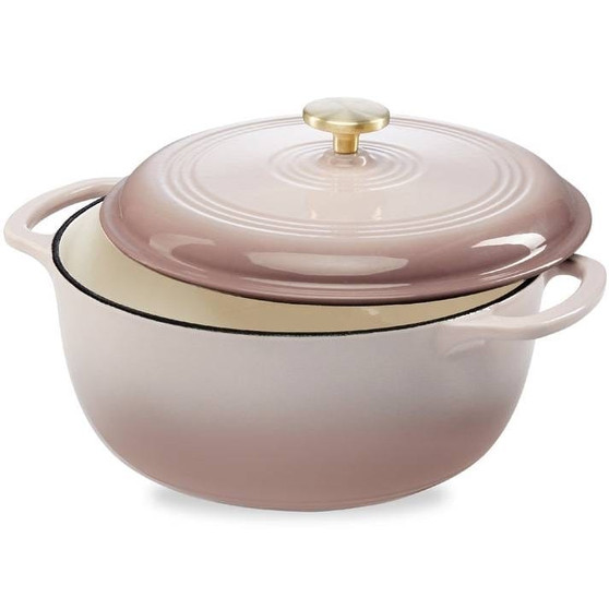 6 Quart Large Pink Beige Off-White Enamel Cast-Iron Dutch Oven Kitchen Cookware Q280-PIKBCP95874