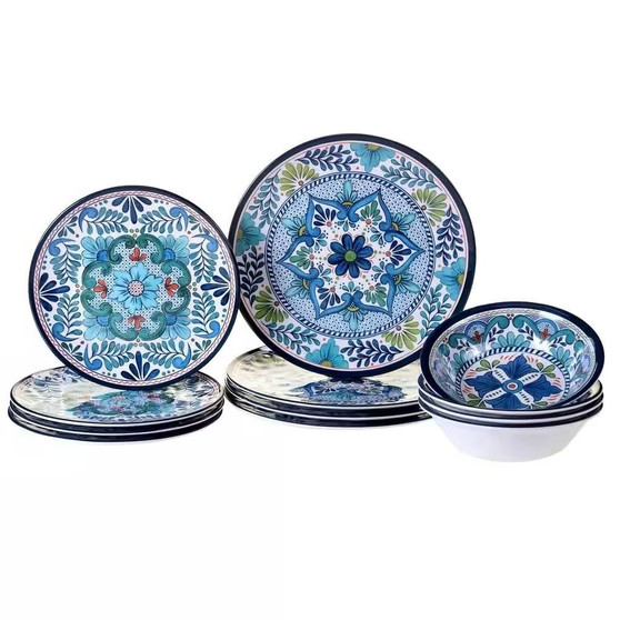 12-Piece Melamine Dinnerware Plates Bowls Set with Blue Floral Pattern Q280-TPCBMDS4543289617