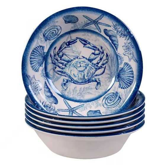 6-Piece Dinner Bowl Set with Blue White Ocean Sea Shells Crab Starfish Pattern Q280-OSPSMBS325947153