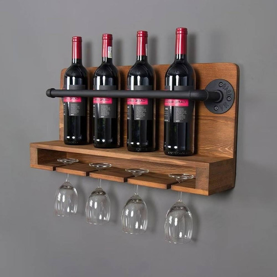 4 Bottle Rustic Farmhouse Wall Mounted Wine Rack with Glass Holder Q280-BASCO49842