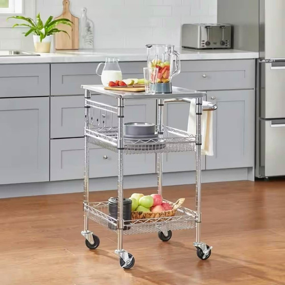 Compact Kitchen Cart with Stainless Steel Top and 2 Bottom Storage Shelves Q280-CSTKCS47982571736