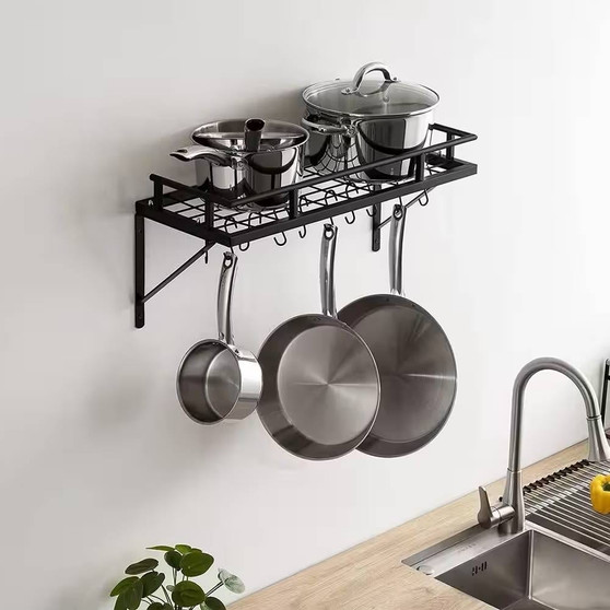 Matte Black Stainless Steel Wall Mounted Pot Rack with 10 Hanging Hooks Q280-TFBWMKPR658614527