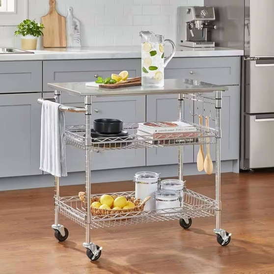 Kitchen Island Cart with Stainless Steel Top and 2 Bottom Storage Shelves Q280-GCSTKCS785931764