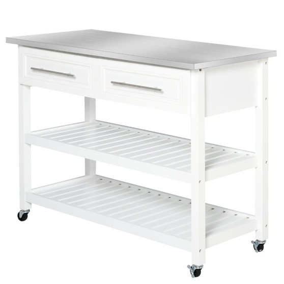 White Rolling Kitchen Island 2 Drawers Storage with Stainless Steel Top Q280-WHTC2399
