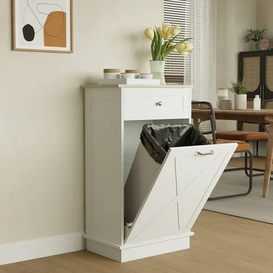 Trash Can Cabinet in White Wood Finish - Accommodates 10-Gallon Trash Bin Q280-WAMWLCT729581753