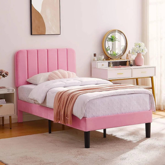 Twin size Pink Upholstered Platform Bed Frame with Headboard Q280-TWPNKBDH13925817