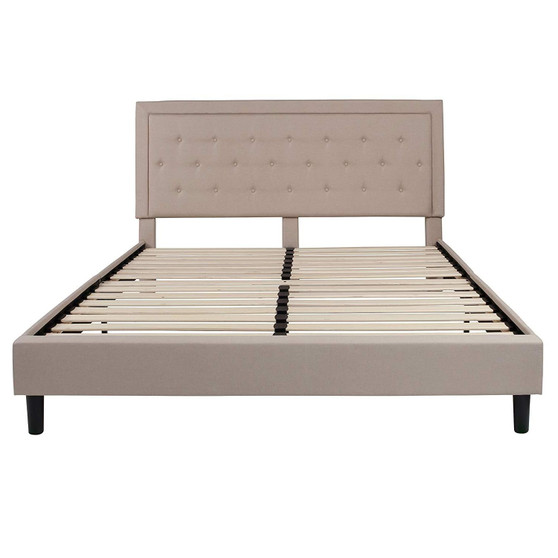 King Beige Upholstered Platform Bed Frame with Button Tufted Headboard Q280-KINBEIBED5868471
