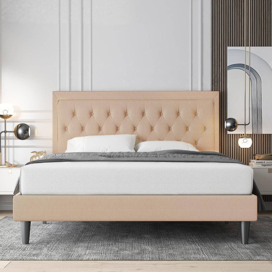 King size Beige Linen Platform Bed Frame with Button Tufted Headboard Q280-BEKNGPBU293452671