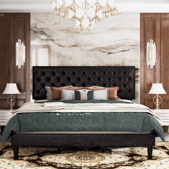 Queen Black Faux Leather Upholstered Platform Bed with Button-Tufted Headboard Q280-BLQU1869